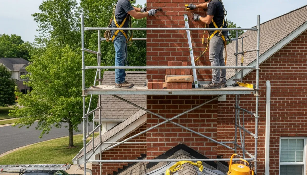 Houston chimney repair crew fixing cracked mortar and flashing on a home in Houston, TX
